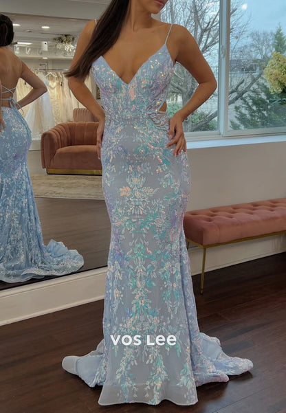V-Neck Sleeveless Sparkling  Fully Sequined Floor-Length Mermaid Prom Gowns