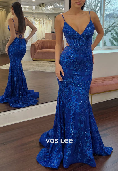 V-Neck Sleeveless Sparkling  Fully Sequined Floor-Length Mermaid Prom Gowns