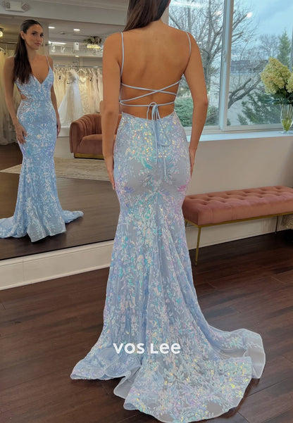 V-Neck Sleeveless Sparkling  Fully Sequined Floor-Length Mermaid Prom Gowns