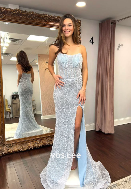 Stylish Mermaid Strapless Blue Long Prom Dress with Beading Pearls
