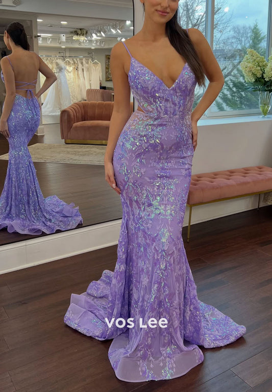 V-Neck Sleeveless Sparkling  Fully Sequined Floor-Length Mermaid Prom Gowns
