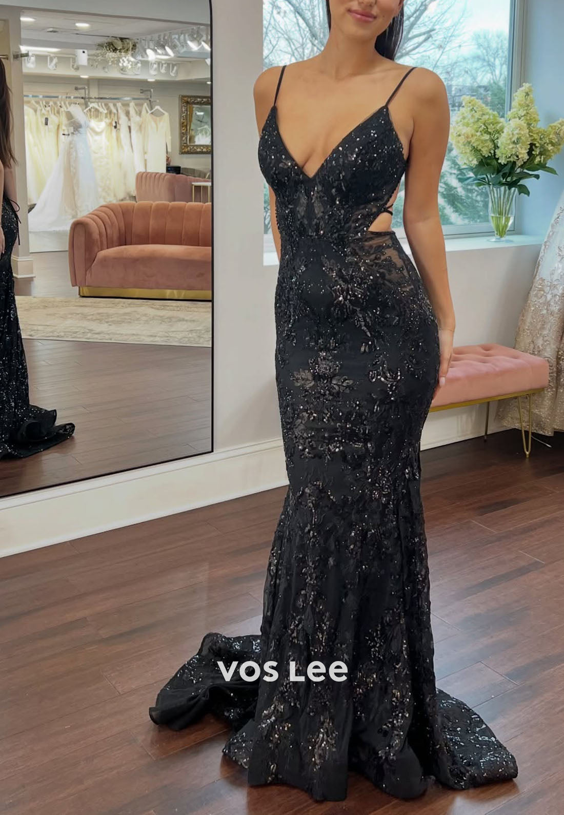V-Neck Sleeveless Sparkling  Fully Sequined Floor-Length Mermaid Prom Gowns