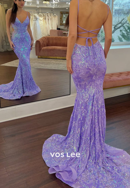 V-Neck Sleeveless Sparkling  Fully Sequined Floor-Length Mermaid Prom Gowns