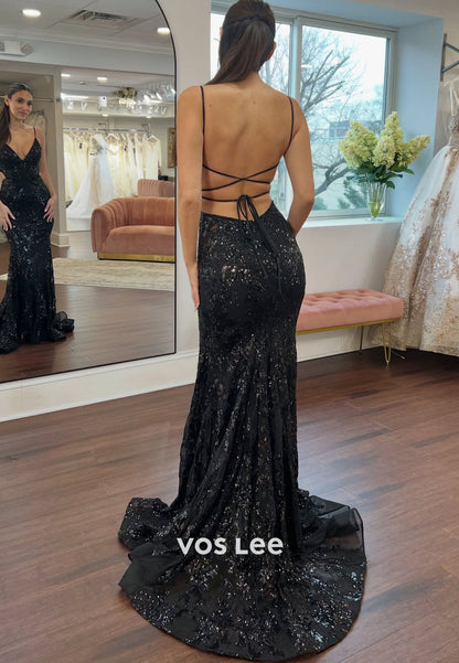 V-Neck Sleeveless Sparkling  Fully Sequined Floor-Length Mermaid Prom Gowns
