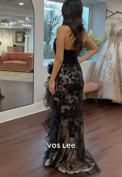Sexy Black Sheath Sweetheart Sequins Appliques Prom Dress with Slit
