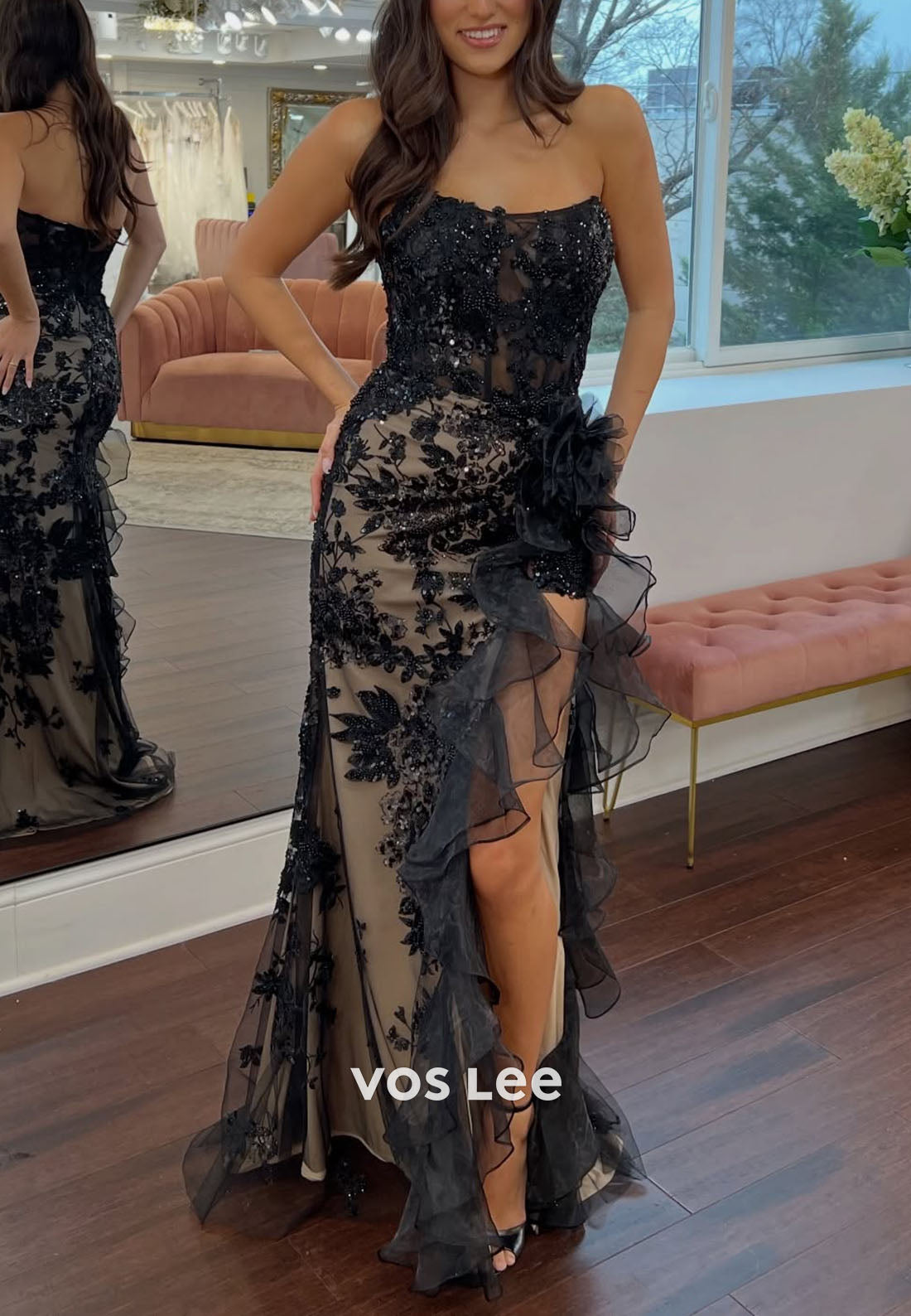 Sexy Black Sheath Sweetheart Sequins Appliques Prom Dress with Slit