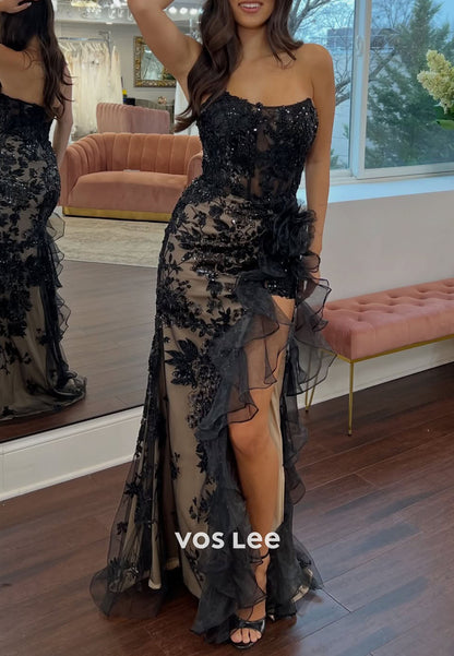 Sexy Black Sheath Sweetheart Sequins Appliques Prom Dress with Slit
