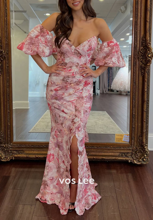 Gorgeous Sweetheart Floral Print Chiffon Prom Dress with Side Slit