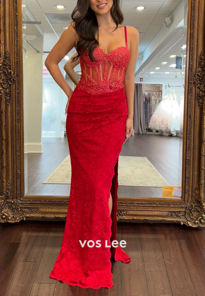 Beading Mermaid Red Lace Corset Prom Dress with Split
