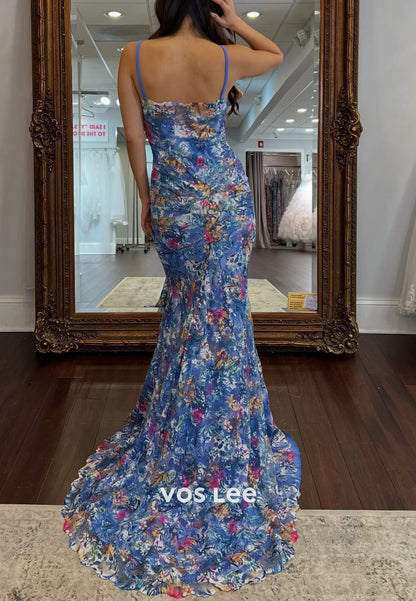 Blue Spaghetti Straps Floral Print Mermaid Prom Dress With Pleat
