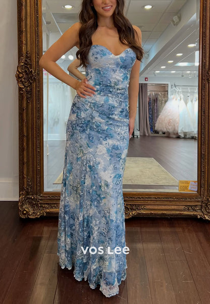 Simple Sweetheart Floral Print Strapless Sheath Zipper Prom Dress