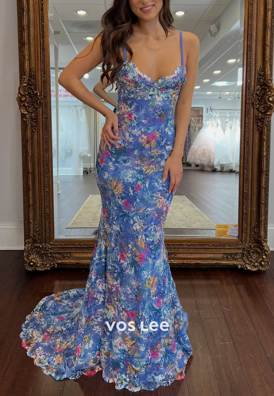 Blue Spaghetti Straps Floral Print Mermaid Prom Dress With Pleat