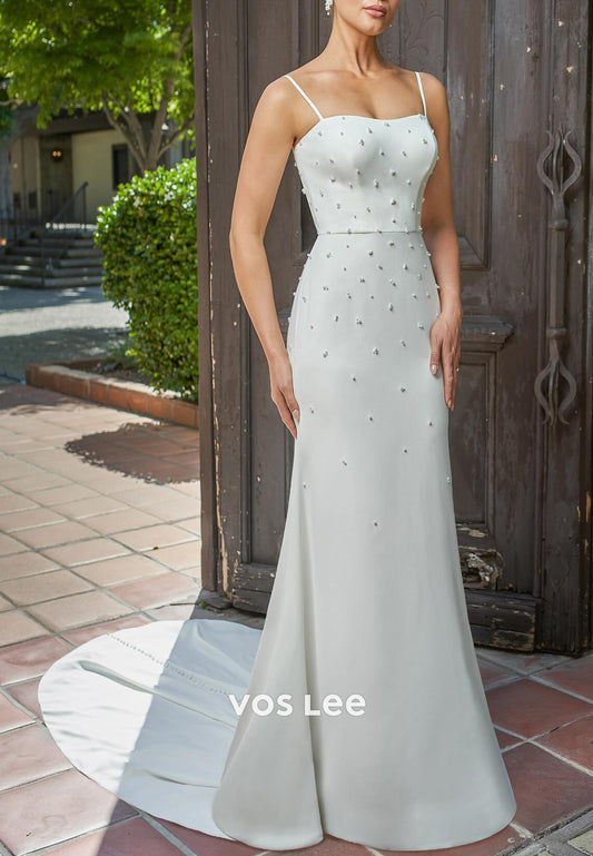 Sexy & Sleek Spaghetti Straps Square Pearls Mermaid Wedding Dresses with Sweep Train