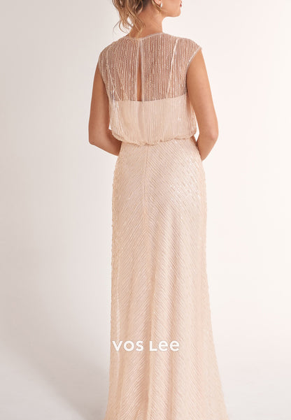 V Neck Fully Sequined Pearls Illusion Pleated Sheath Mother of Bride Dresses with Spilt