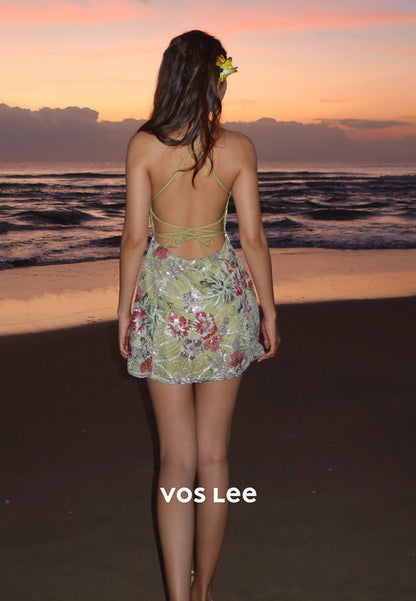 Floral Sequin Halter Mini Dress, Backless A-Line Gown for Vacation & Party