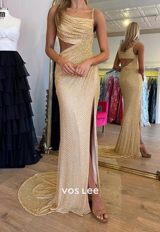 Sparking Gold Crystals Cut-Out High-Slit Long Party Dress