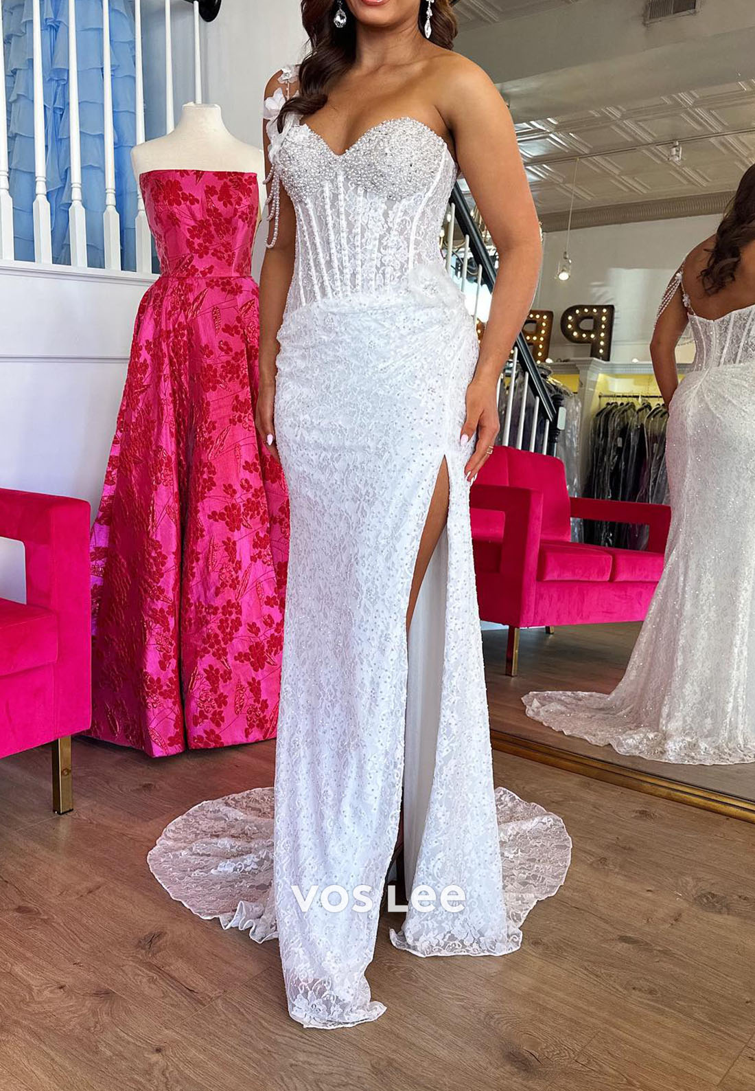 Lace Beading Crystals Slit Party Dresses One Shoulder Floor-Length Prom Dress