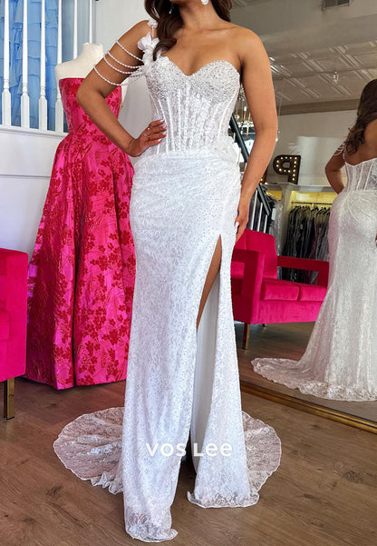 Lace Beading Crystals Slit Party Dresses One Shoulder Floor-Length Prom Dress