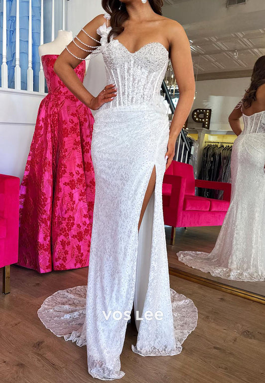 Lace Beading Crystals Slit Party Dresses One Shoulder Floor-Length Prom Dress