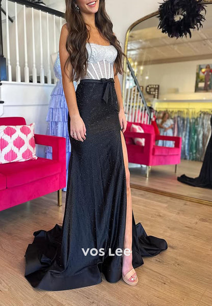 Black Sparking Prom Dress High Side Split Long Formal Party Dress