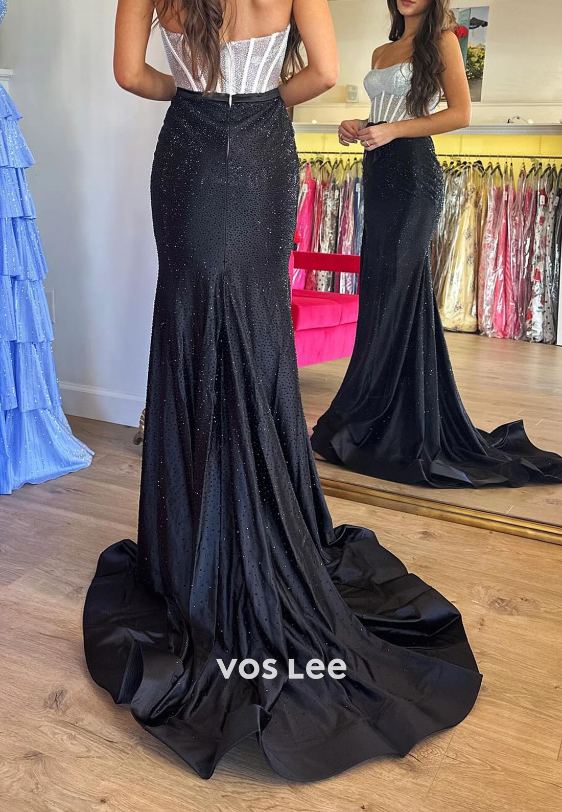 Black Sparking Prom Dress High Side Split Long Formal Party Dress