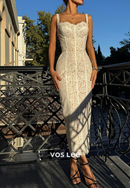 Straps Lace Appliques Mermaid Ankle-length Sleveless Evening Dress