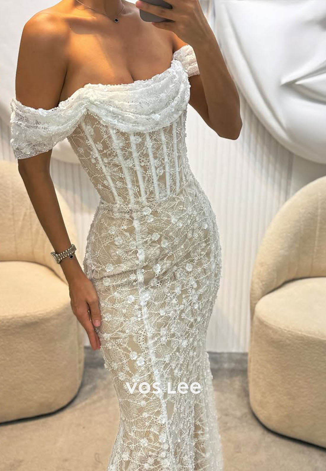 Off-the-Shoulder Lace Appliques Beading Mermaid Evening Dress