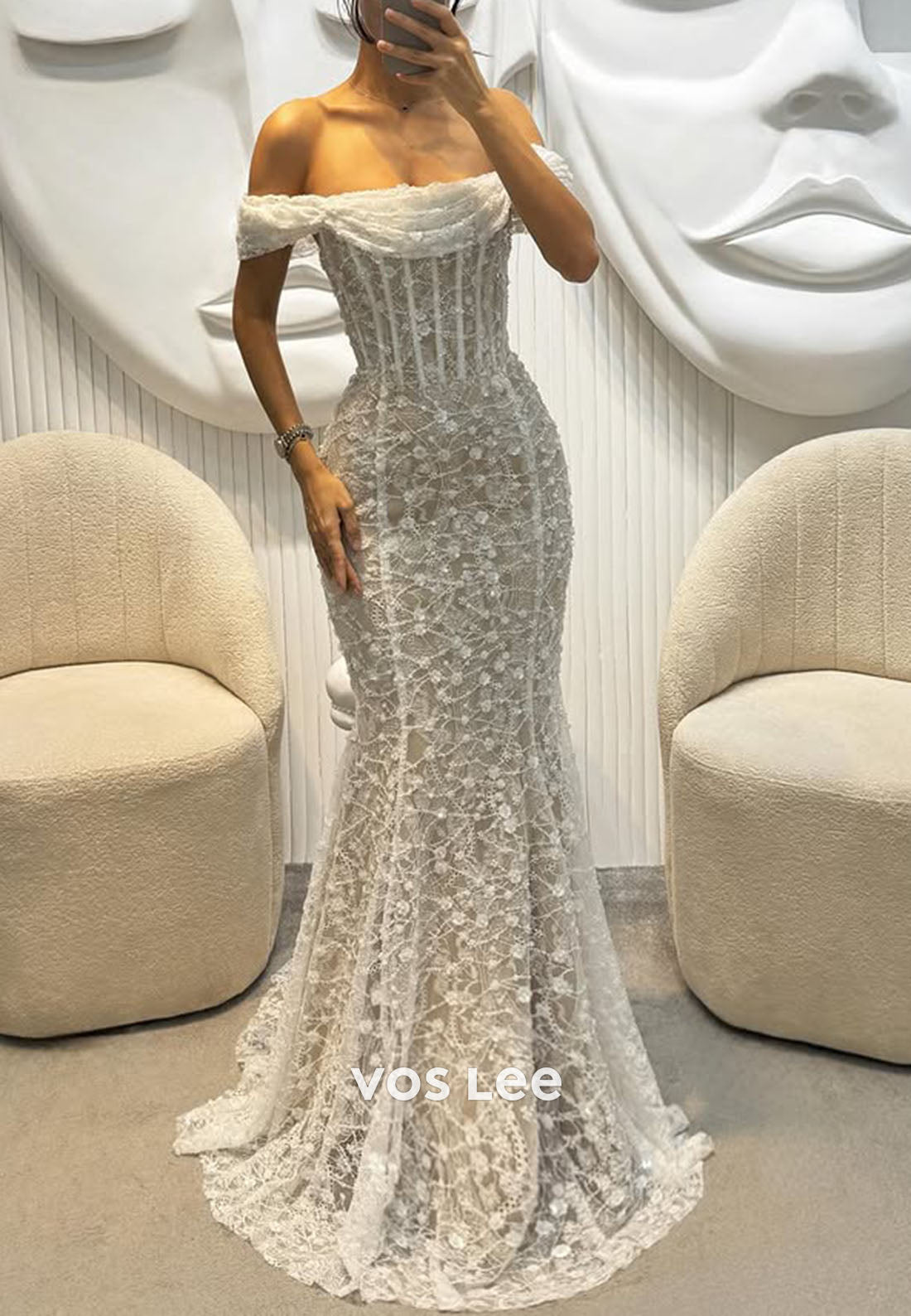 Off-the-Shoulder Lace Appliques Beading Mermaid Evening Dress