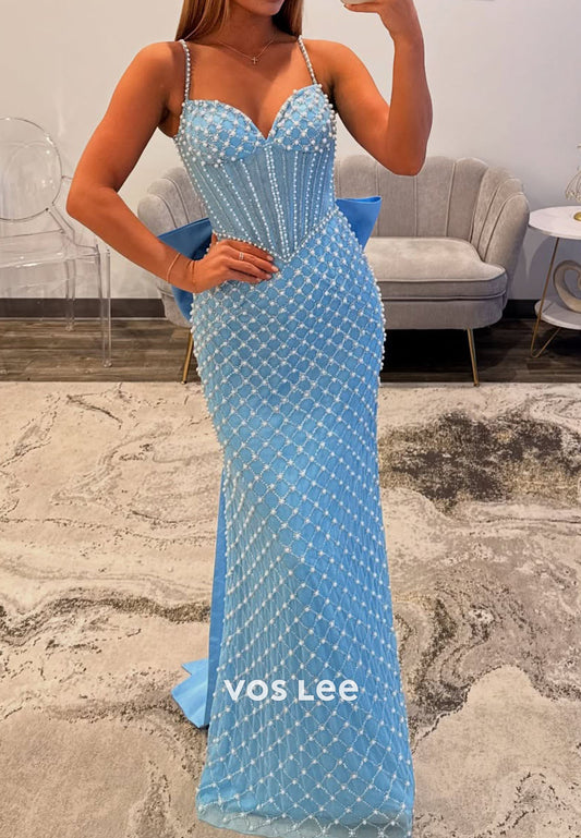 Spaghetti straps Beading Pearls Mermiad prom Dress With Bow