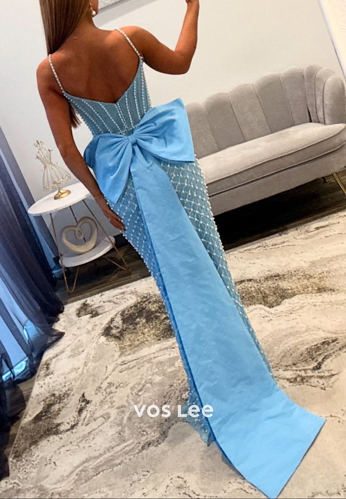 Spaghetti straps Beading Pearls Mermiad prom Dress With Bow