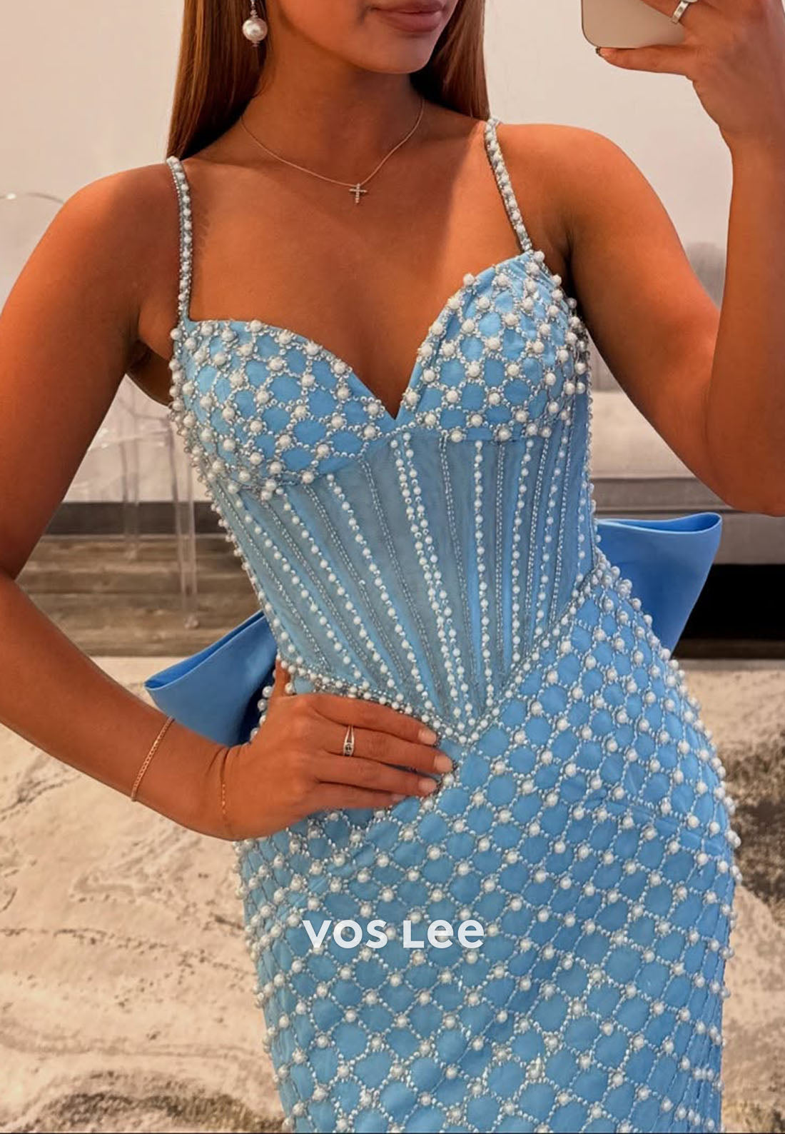 Spaghetti straps Beading Pearls Mermiad prom Dress With Bow