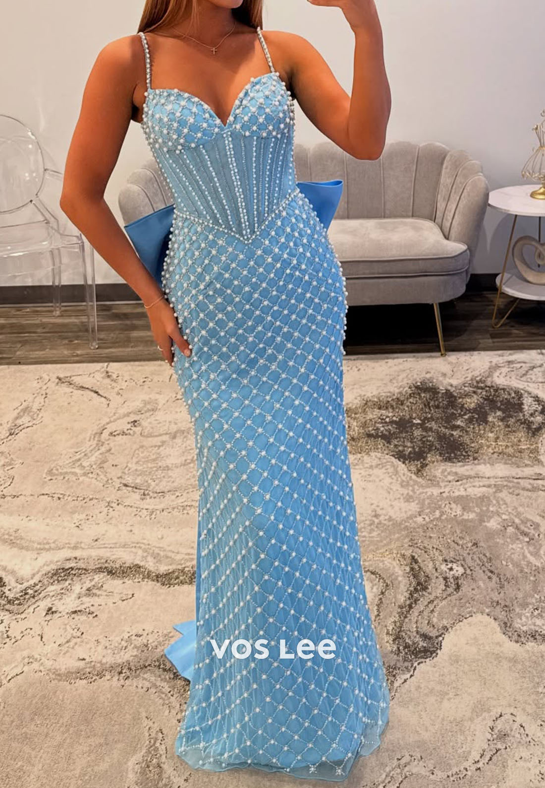 Spaghetti straps Beading Pearls Mermiad prom Dress With Bow