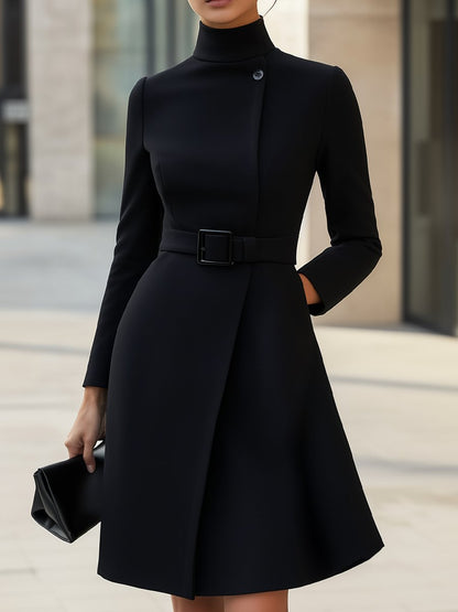 Black High-Neck Asymmetric Belted A-Line Dress Black High-Neck Asymmetric Belted A-Line Dress
