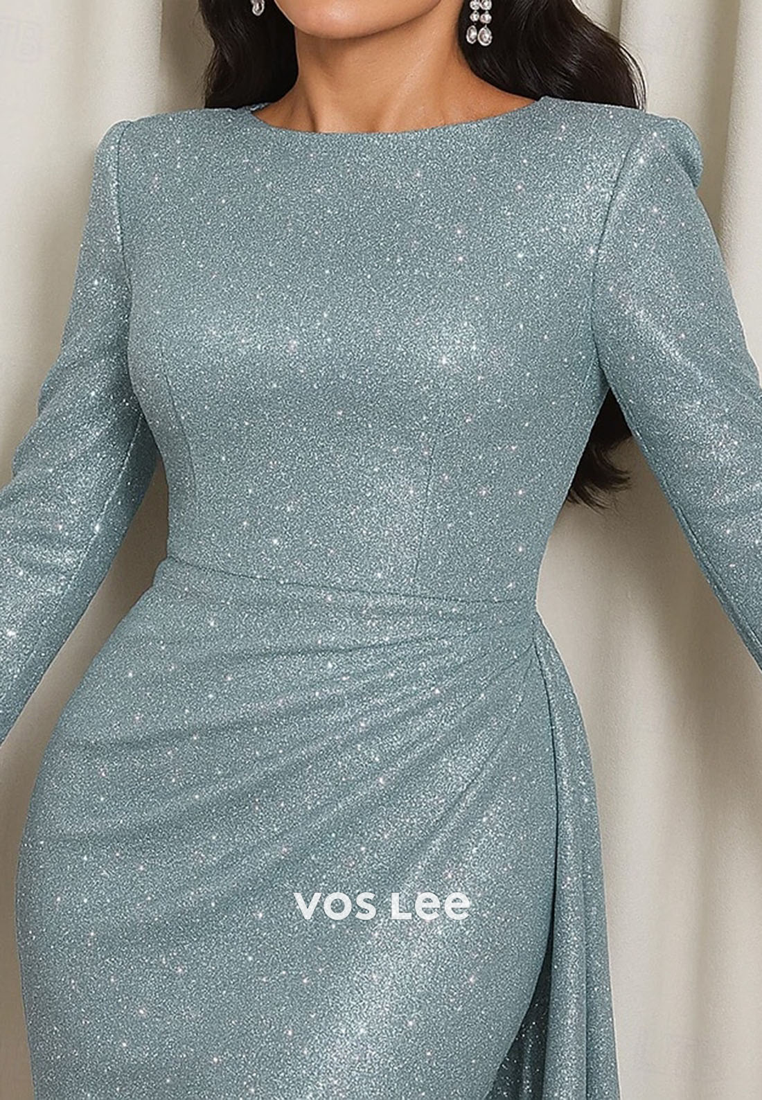 Spaekling O Neck Long Sleeve Mermaid Pleat Long Prom Gowns