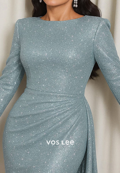 Spaekling O Neck Long Sleeve Mermaid Pleat Long Prom Gowns