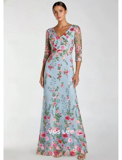 Sky Blue Floral Embroidered Maxi Dress | 3/4 Sleeve V-Neck Evening Gown