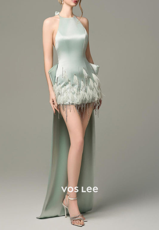 Glamorous & Dramatic High Low Halter Rhinestone Bowknot Feather Evening Dresses