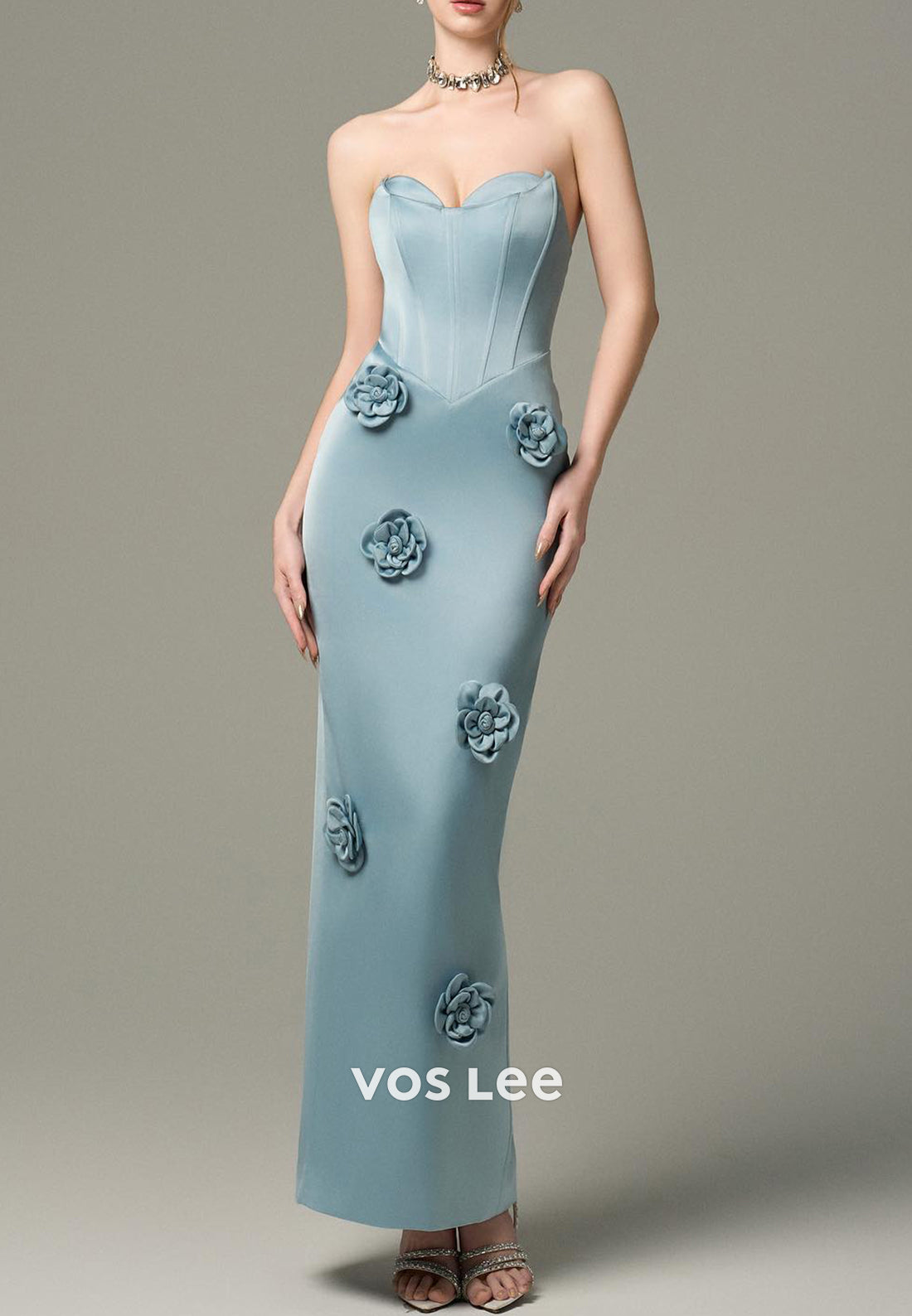 Sweetheart Ruched Floral Embellished Mermaid Ankle-Length Evening Dresses with Split
