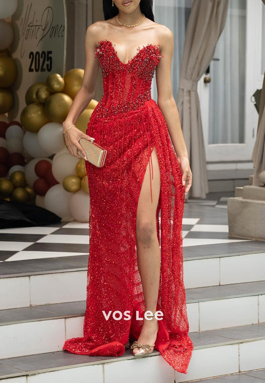 Strapless V Neck Beaded Fringe Floor-Length Mermaid Prom Dresses with High Split