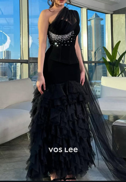 Couture A-Line One Shoulder Rhinestone Pleated Floor-Length Evening Dresses with Tiered