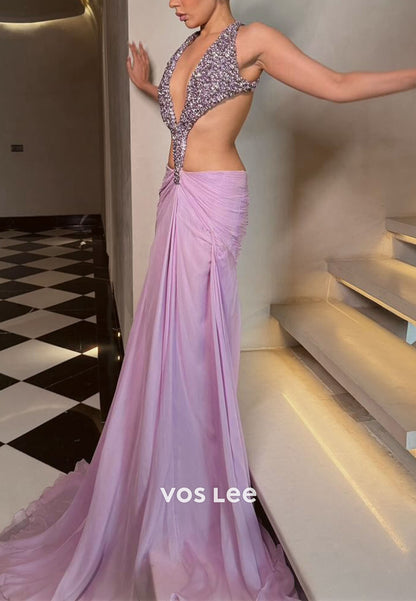 Sexy Purple Crystal Cut out Fashion Backless Gala Dress Prom dress