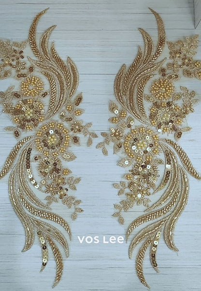 Black Satin Evening Gown with Gold Embroidery and Illusion Sleeves