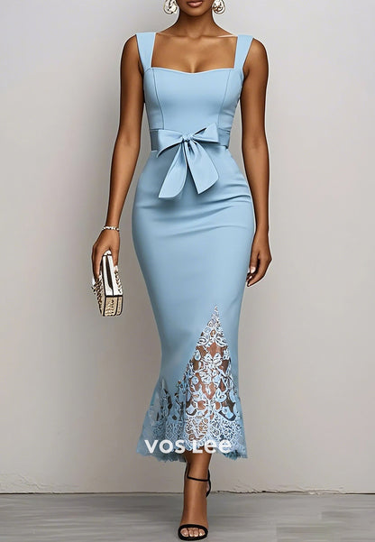 Sky Blue Sweetheart Bowknot Tea-Length Lace Mermaid Wedding Guest Dresses