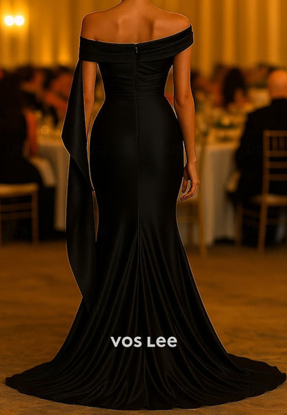 Off the Shoulder Satin Mermaid Pleat Evening Dress