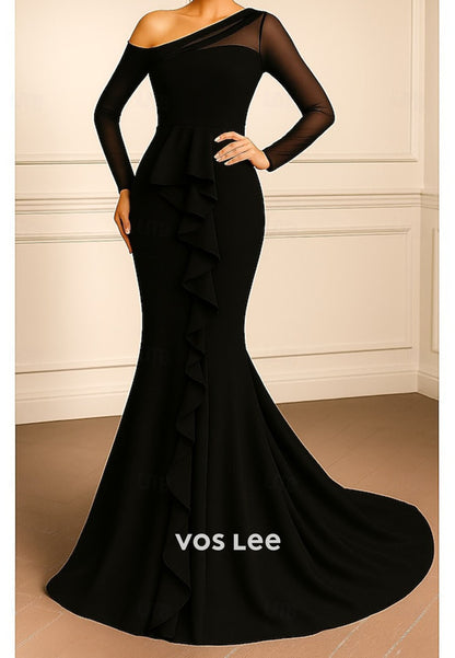 Sheer Long Sleeves One-Shoulder Mermaid Ruffles Evening Dress