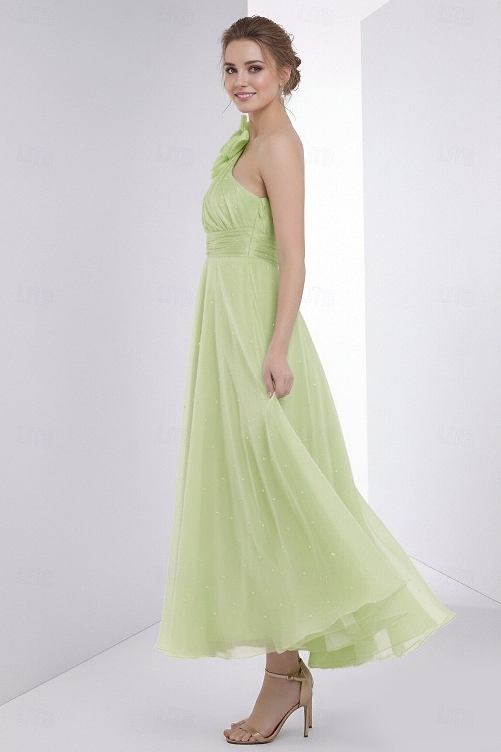One Shoulder Tea Length Dress - A-Line Tulle Cocktail Dress with Flower