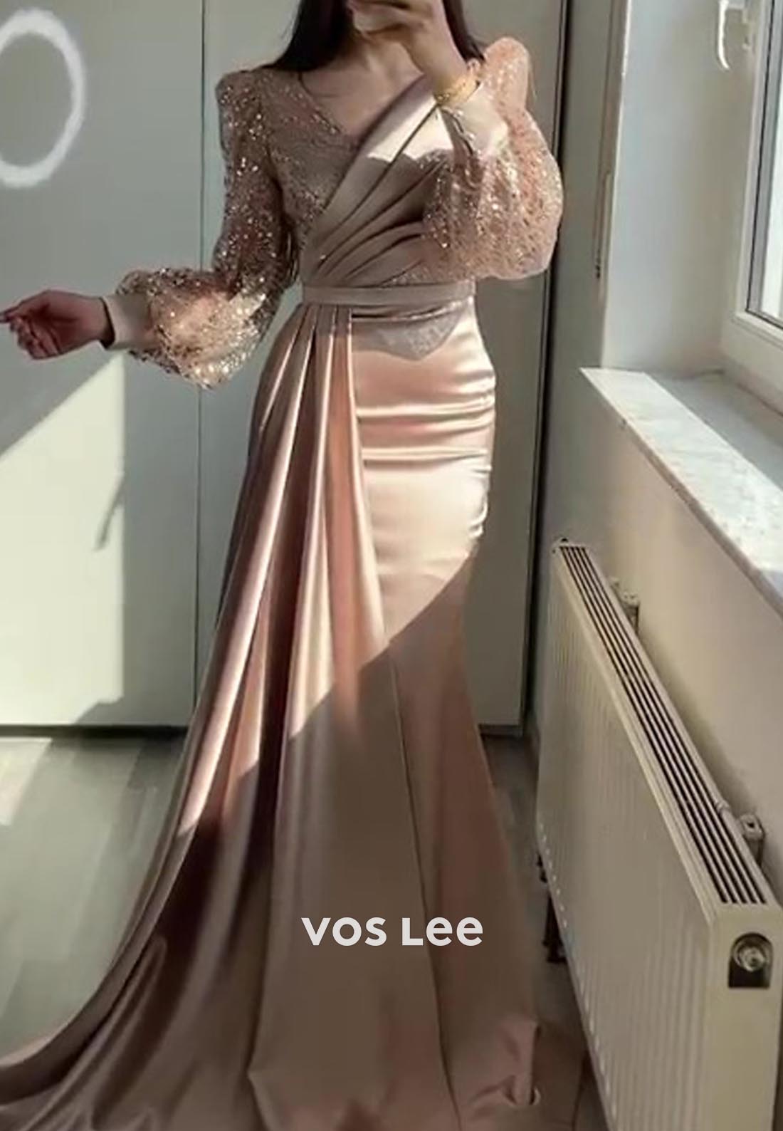 Long Sleeves Ruched Sequined Mermaid Evening Dress with Sweep Train