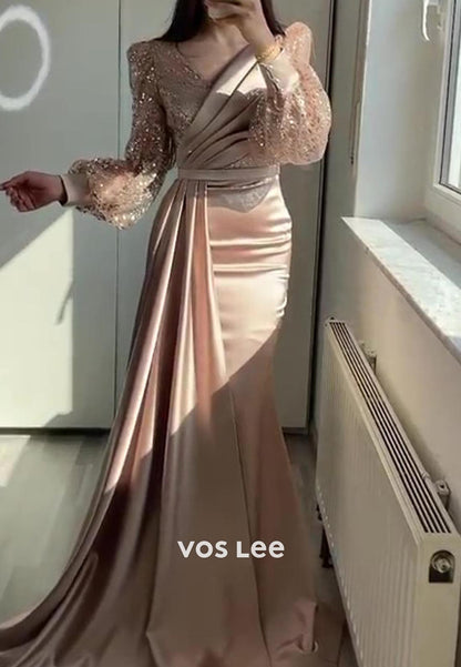 Long Sleeves Ruched Sequined Mermaid Evening Dress with Sweep Train