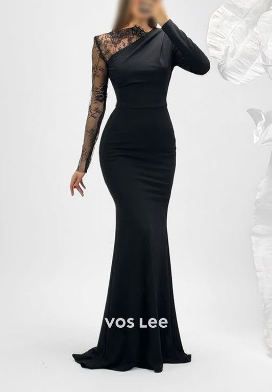 Black Satin Lace Long Sleeves Mermaid Long Evening Dress