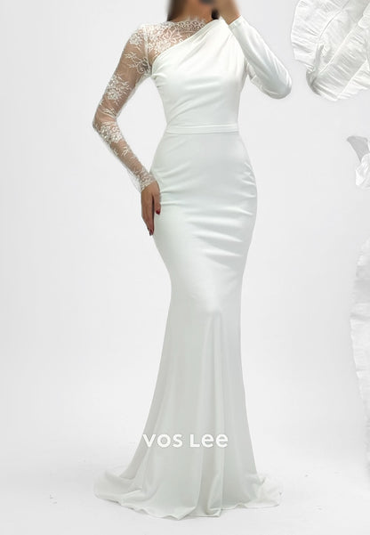 Black Satin Lace Long Sleeves Mermaid Long Evening Dress